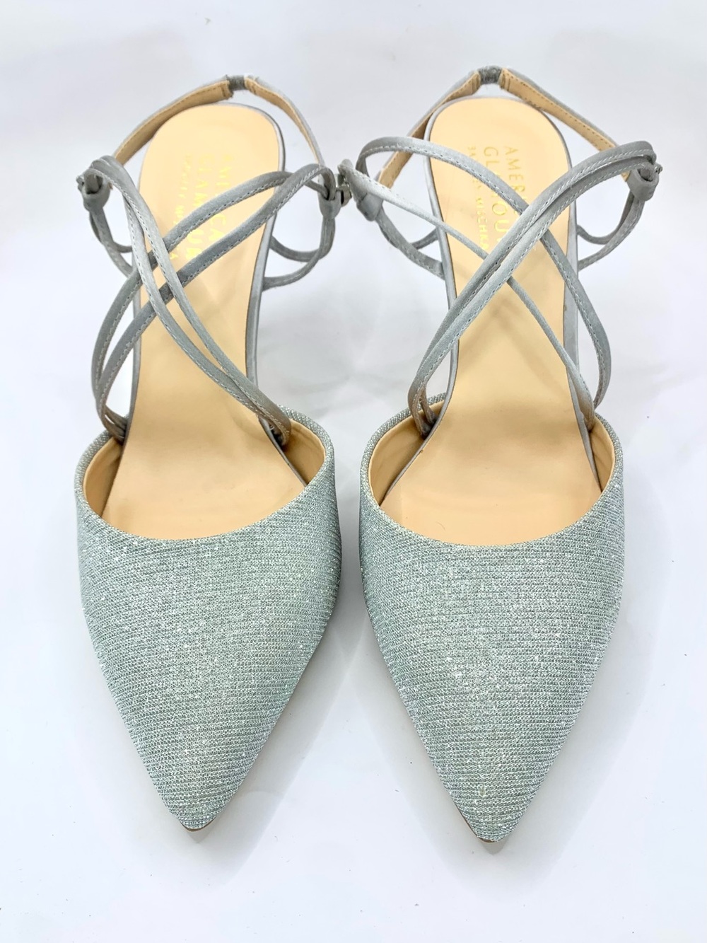 American Glamour Badgley Mischka Silver Strappy Sparkly Pointed-Toe Heel (Pump)